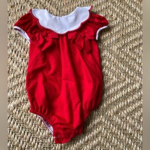 Sophie and Lucas Christmas red bubble one piece with bows and white collar 12M